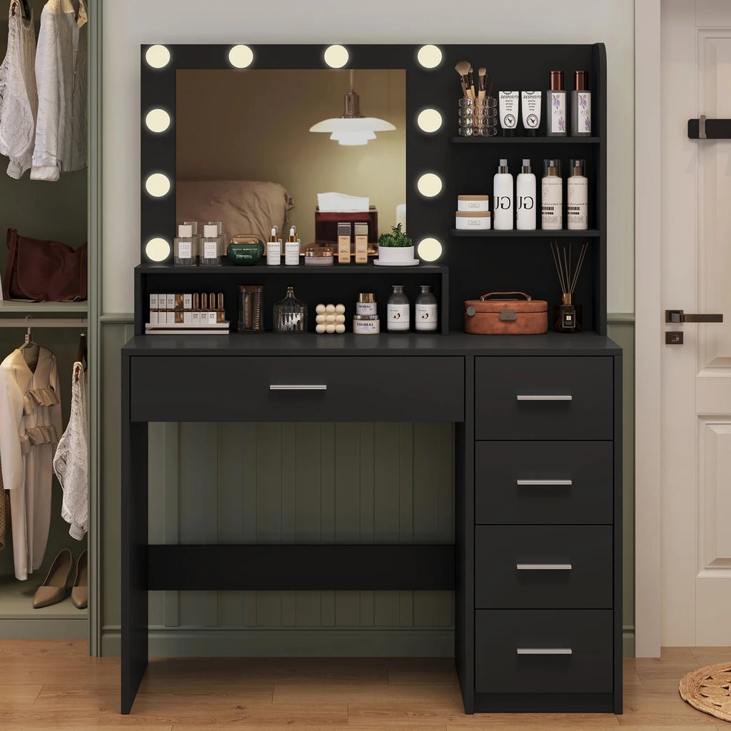 Makeup Vanity Desk with Mirror & Lights, Vanity Table with 5 Drawers & Storage Shelves, Makeup Vanity , 3 Color Modes & Adjustable Brightness Dressing Table, Bedroom, White