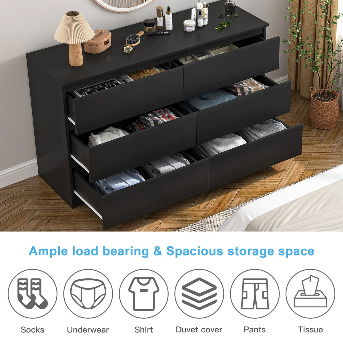 Resenkos Modern Mid Century 6 Drawer Wide Dressers Chests for Bedroom, Chest of Drawer Organizer Grey