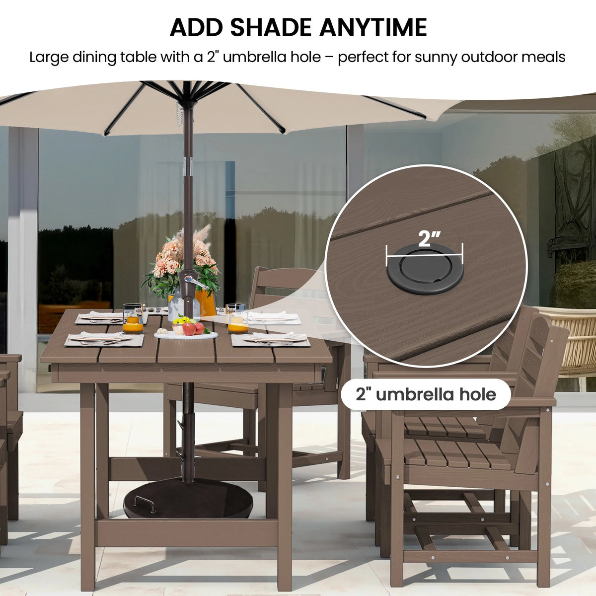 KINGYES 7-Piece Outdoor Dining Set, HDPE Patio Table and Chairs with Umbrella Hole, Gray