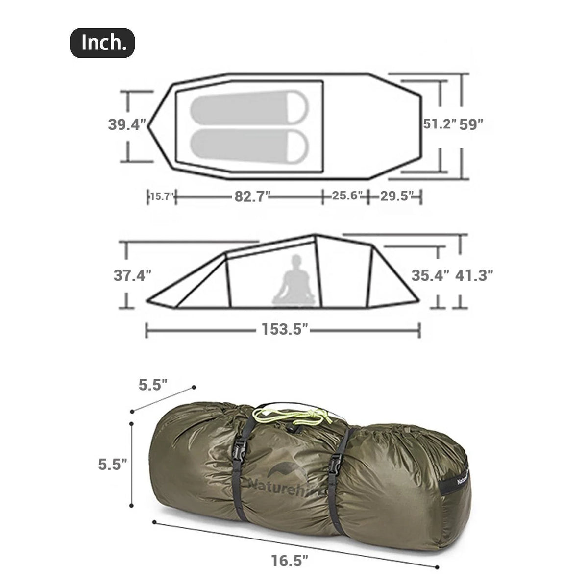Naturehike, Ultralight Hiking Tent, Tear-resistant Tunnel Tent, Waterproof Camping Tent, Windproof Tent with Hall, 15D Lightweight Silicone-coated Nylon Fabrics,Large size for 2/3 Person.