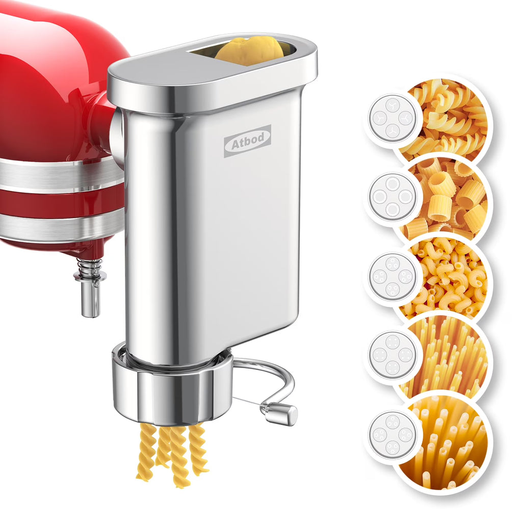 Metal Gourmet Pasta Press Attachment for Kitchenaid Stand Mixer, Pasta Maker Attachment with 5 Interchangeable Plates, Spaghetti Bucatini Fusilli Large/Small Macaroni