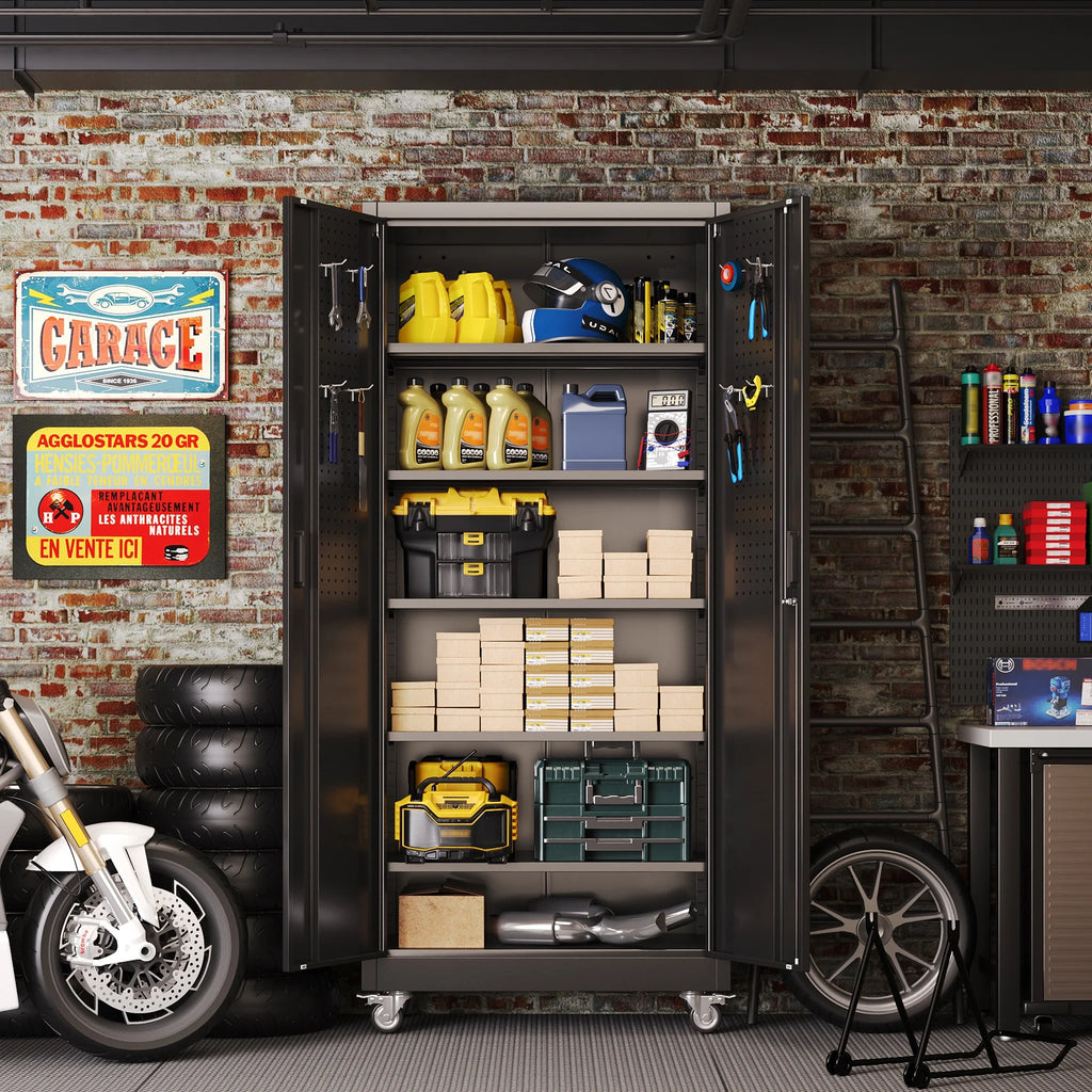 SUPEER Metal Rolling Storage Cabinets with Locking Doors and 5 Adjustable Shelves, Steel Garage Storage Cabinet for Garage, Office, Classroom, Assemble Required(Black)