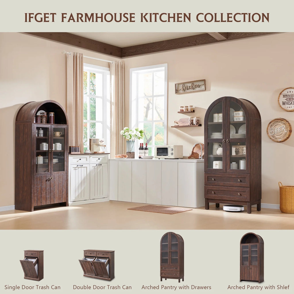 SinCiDo Arched Kitchen Pantry Storage Cabinet, 71-Inch Tall Wood Adjustable Shelves, 2 Doors, 2 Drawers