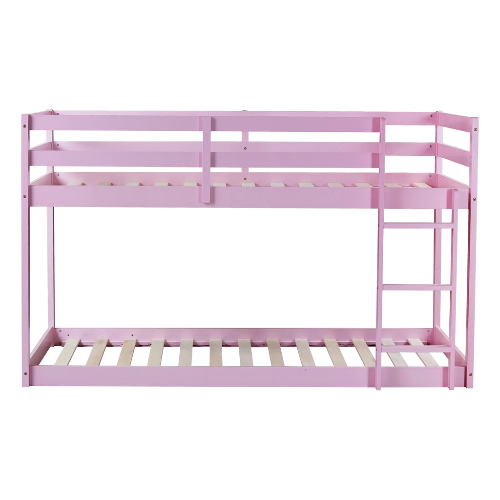 Twin Over Twin Floor Bunk Bed, UHOMEPRO Solid Wood Low Bunk Bed with Safety Rail, Ladder, Heavy Duty Bunk Beds, Space-Saving Bedroom Dorm Furniture, Gray