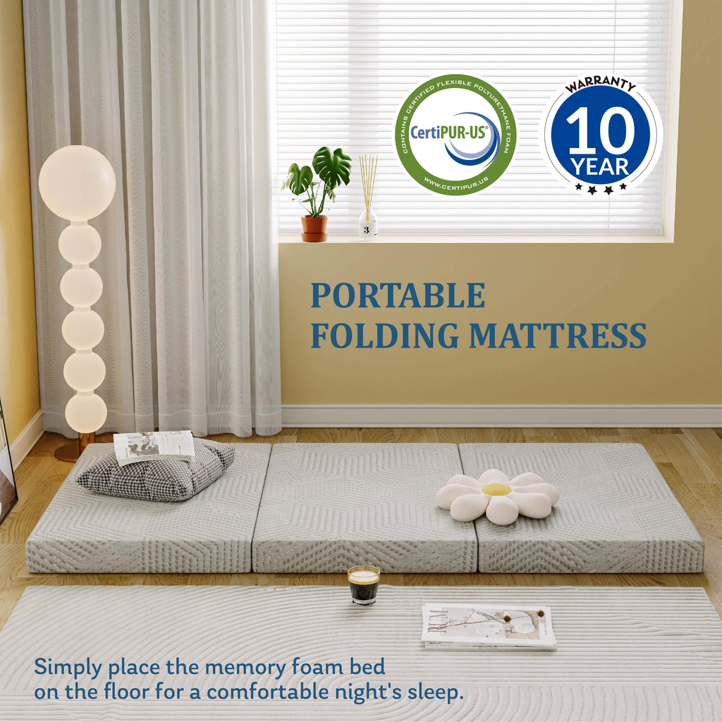 Ego 4 inch Tri Folding Memory Foam Mattress, Portable Guest Bed, Queen Size
