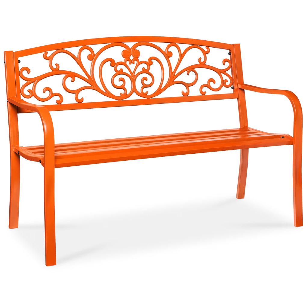 Best Choice Products Outdoor Steel Bench Garden Patio Porch Furniture w/ Floral Design Backrest - Black