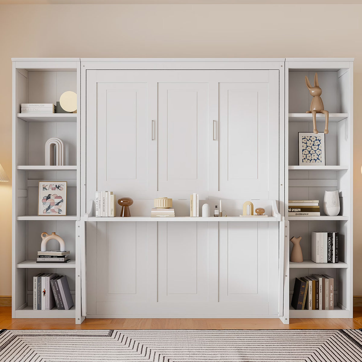 Queen Size Murphy Bed with Desk and Bookshelf(White)