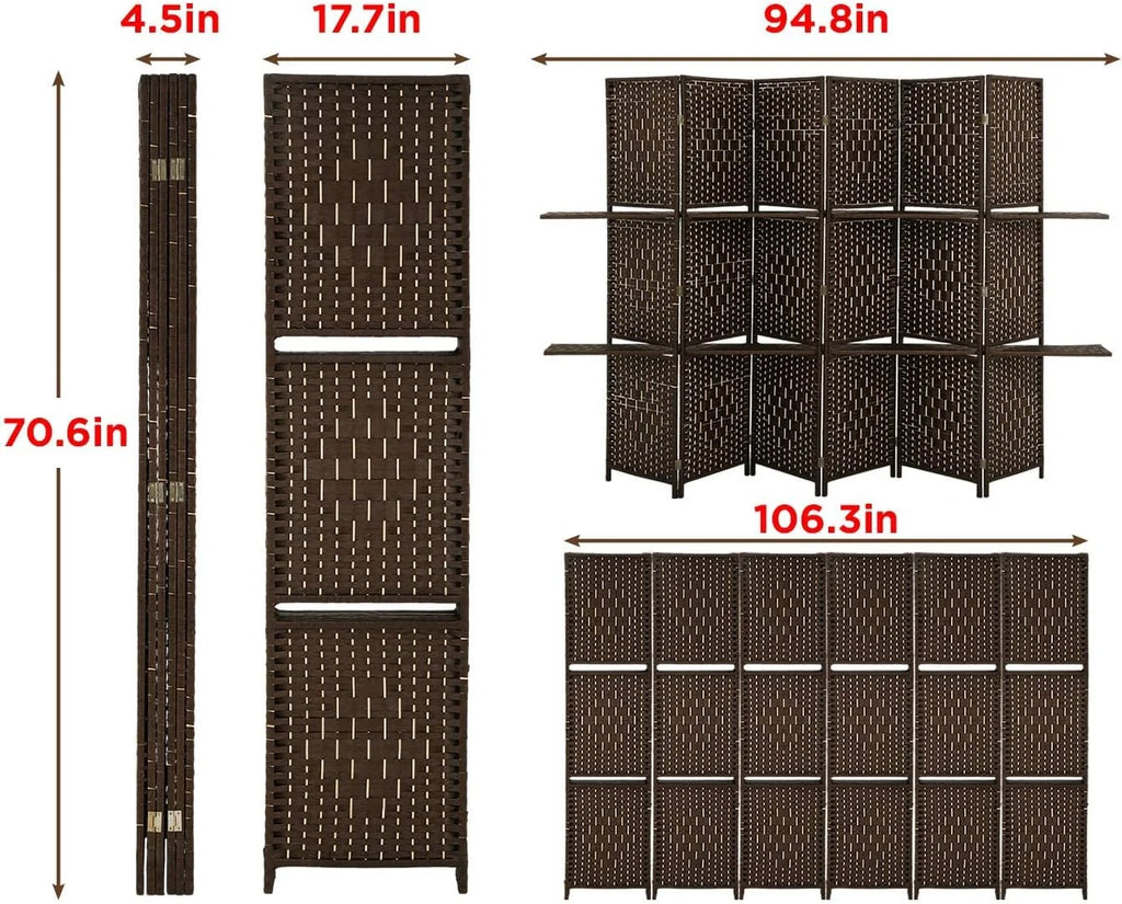 Dkelincs 6 Panel Wood Room Dividers Portable Folding Privacy Screen with Removable Storage Shelves, Brown