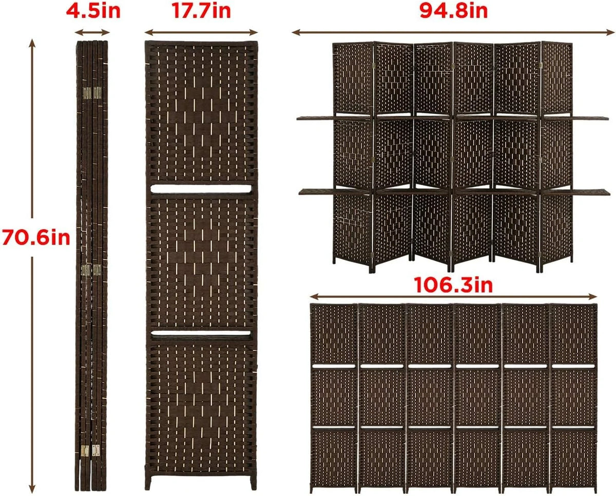 Dkelincs 6 Panel Wood Room Dividers Portable Folding Privacy Screen with Removable Storage Shelves, Brown