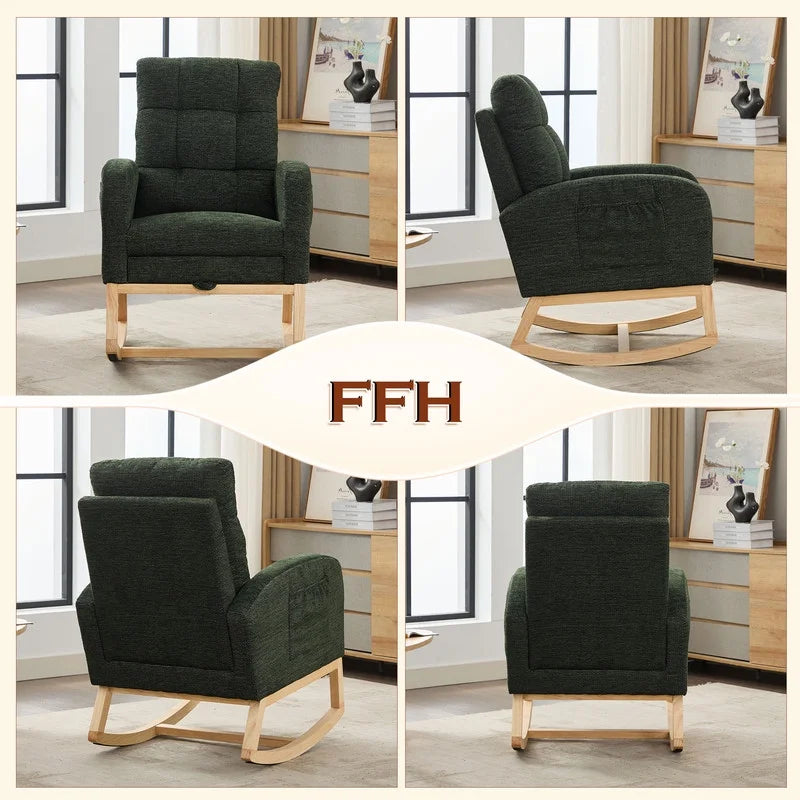 FFH Rocking Chair Nursery, Tufted Accent Rocker Chair, Upholstered Armchair with Adjustable Footrest, Side Pocket, High Backrest, Padded Seat, Polyester Blend (Retro, Dark Gray)