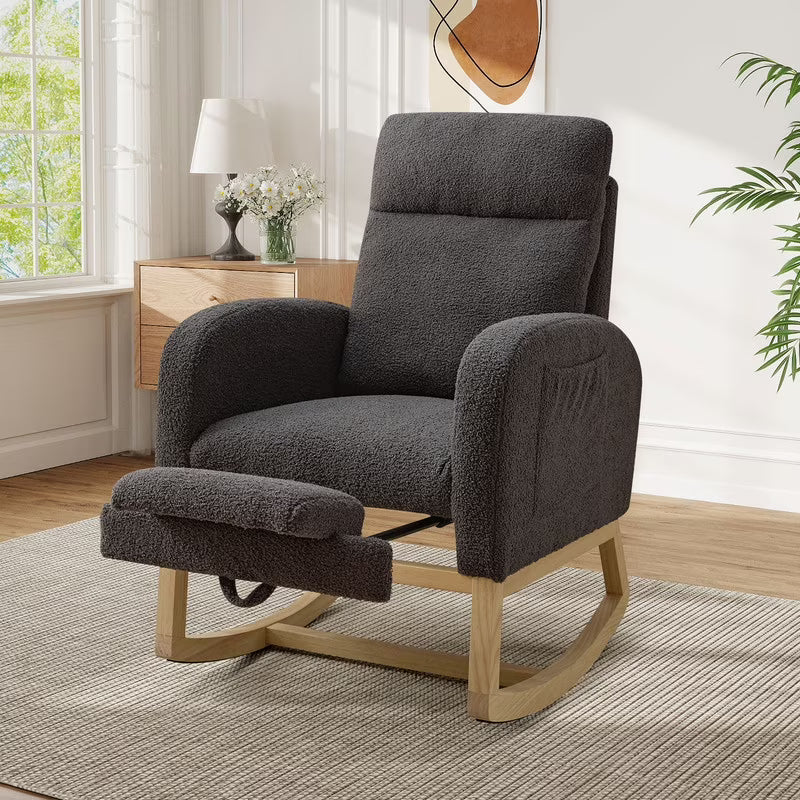 FFH Rocking Chair Nursery, Tufted Accent Rocker Chair, Upholstered Armchair with Adjustable Footrest, Side Pocket, High Backrest, Padded Seat, Polyester Blend (Retro, Dark Gray)