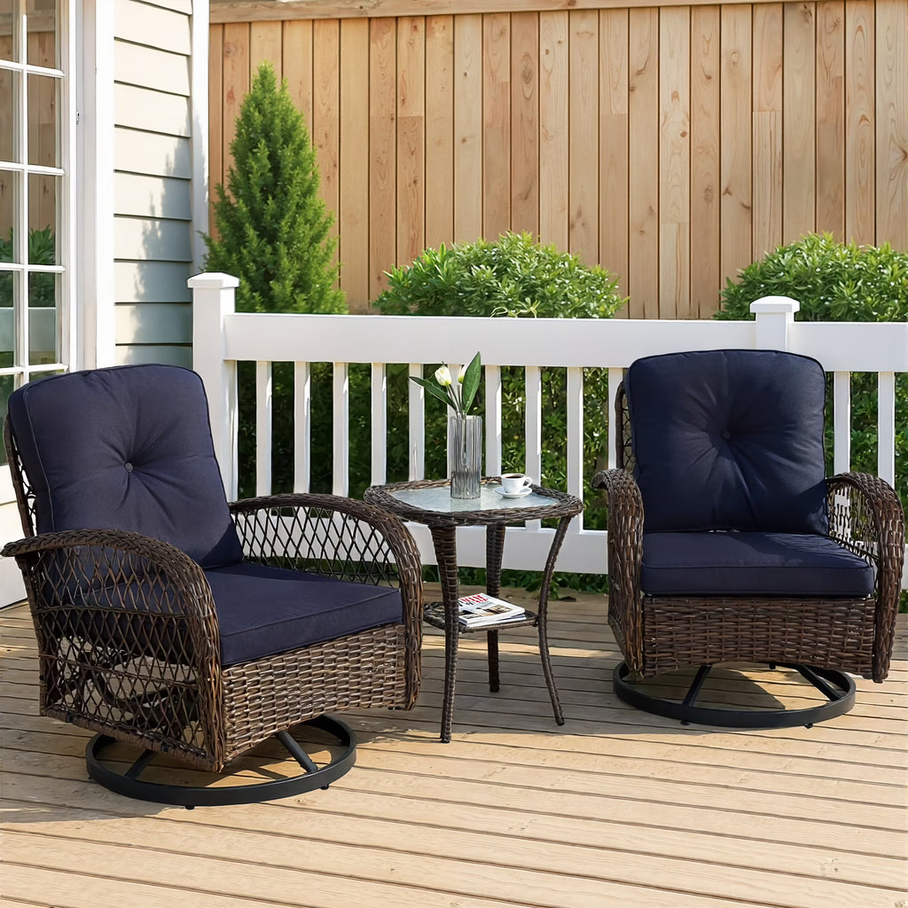 3 Piece Patio Swivel Rocker Chairs Set, 2 360-Degree Swivel Rocking Chairs with 1 Glass Top Table, PE Rattan Outdoor Bistro Set with Cushions for Balcony Deck Poolside Backyard Porch