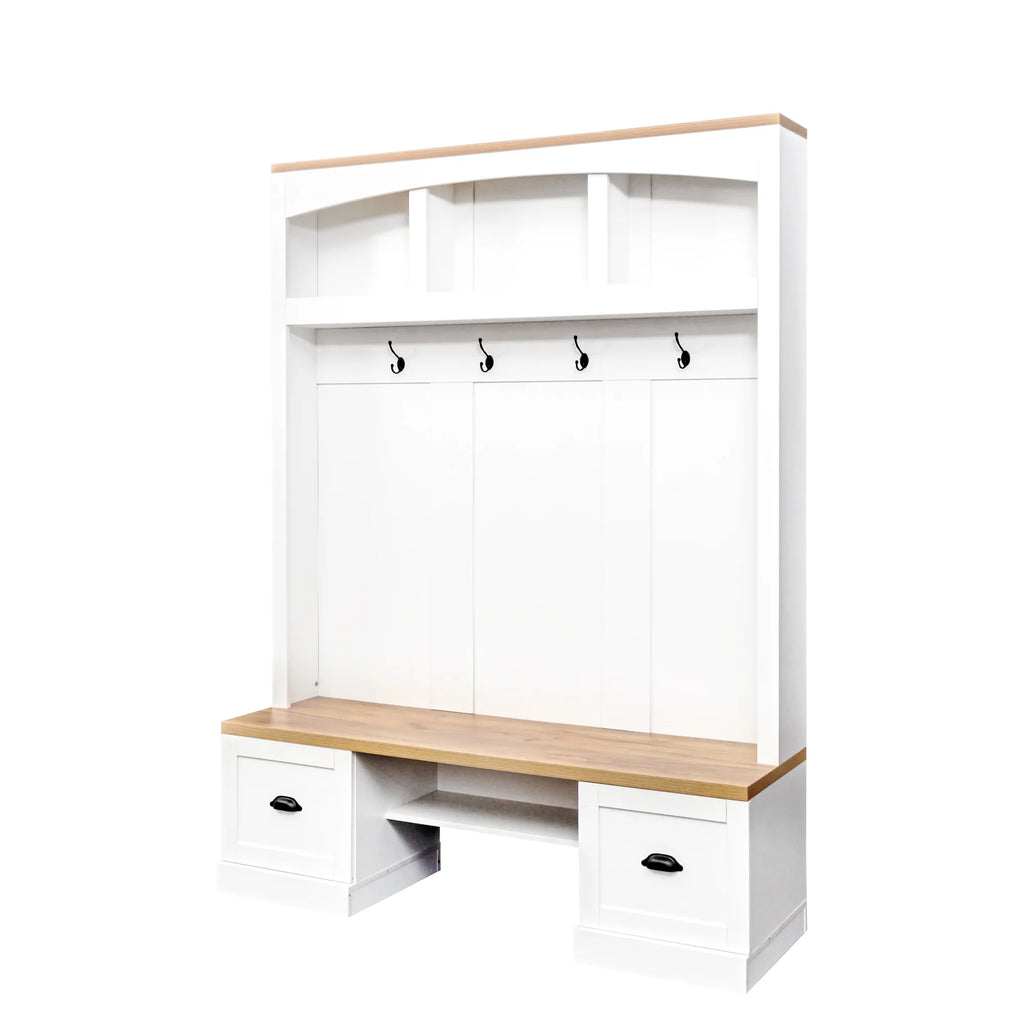 Harper & Bright Designs Farmhouse Hall Tree with Bench and Shoe Storage, Mudroom Bench with Coat Rack and Adjustable Shelves for Hallway, Living Room, White
