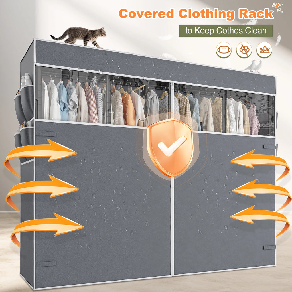 EnHomee 76"W Clothes Rack with Cover,1100LBS Heavy Duty Wardrobe Closet Organizer,Adjustable Portable Closet��Black