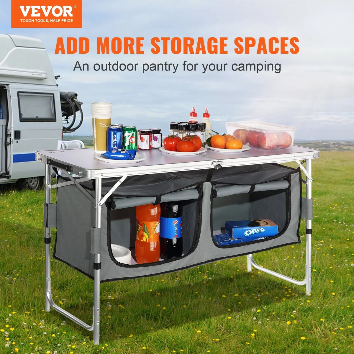 BENTISM Camping Kitchen Table Folding Portable Cook Station 3 Adjustable Heights
