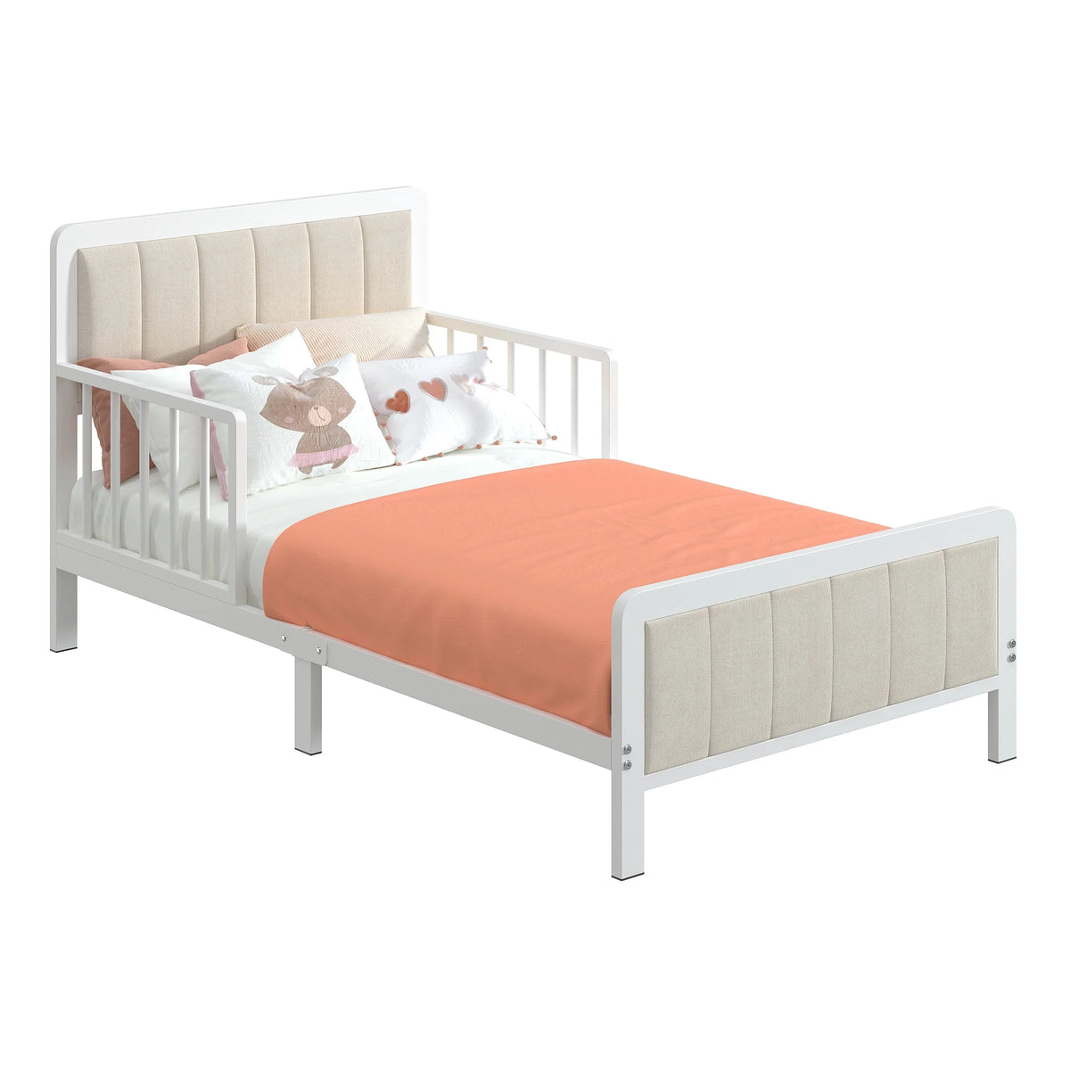 Yoneston Toddler Metal Platform Bed Frame with Guardrails, Children Crib Upholstered Bed Frame for Boys, Girls, Toddler �?White