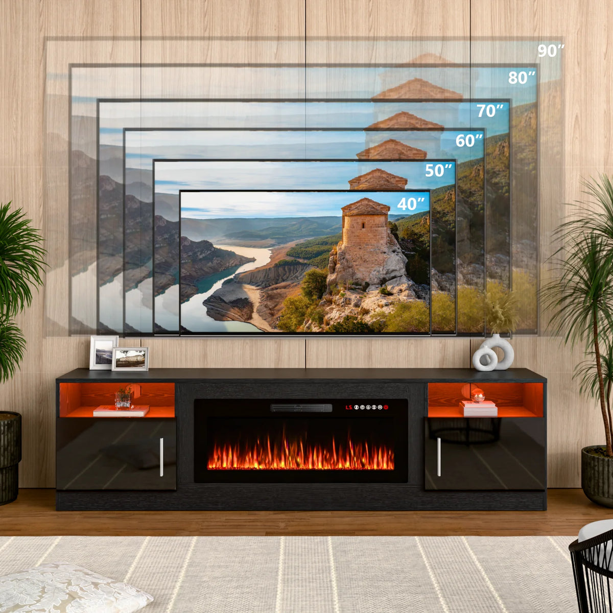 Waleaf Fireplace TV Stand with 36" Electric Fireplace Up to 80" TVs, Modern Wood Media TV Console with Highlight Cabinet, White