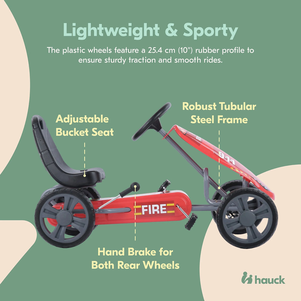 Hauck Speedster Pedal Go Kart w/ Adjustable Bucket Seat for Kids Ages 4 to 8, Fire Rescue