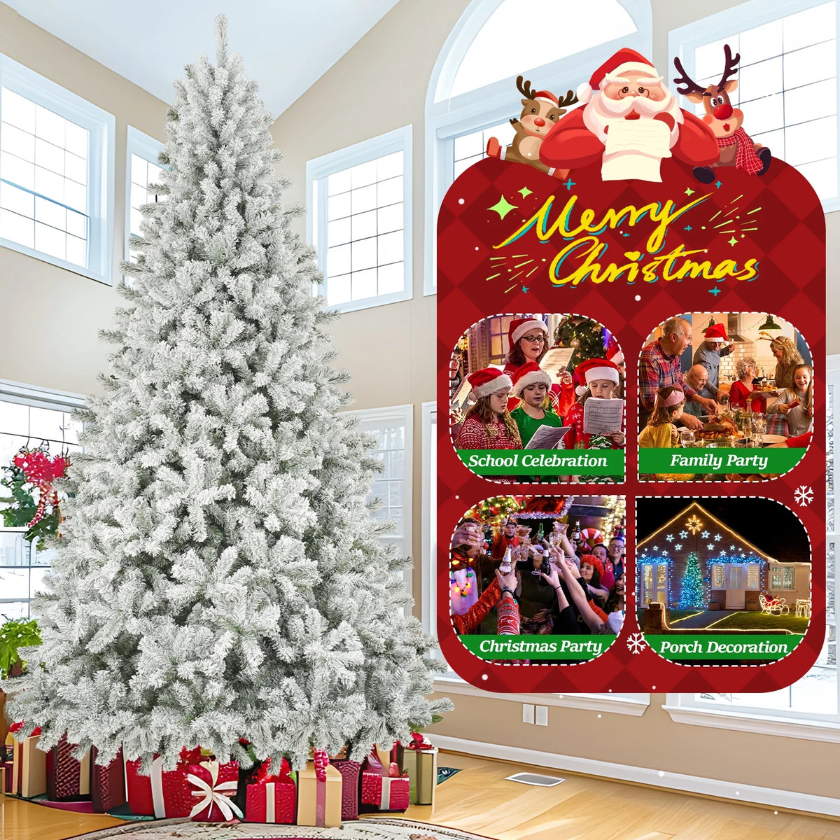 Qunler 9ft Snow Flocked Christmas Tree with 2028 Tips, Artificial Snowy Xmas Pine Tree with Reinforced Metal Base for Home Office Party Holiday Decorations ,White(NO Light)