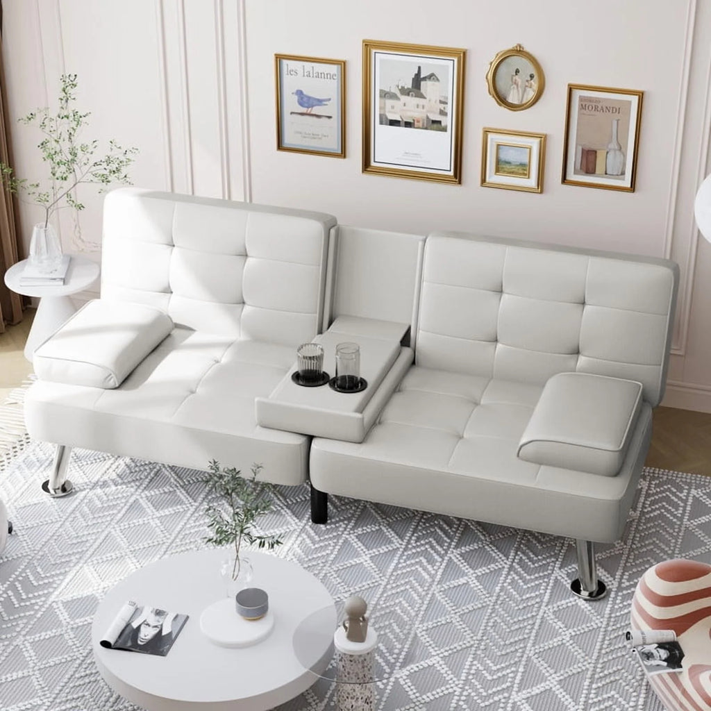 Furmax Futon Sofa Bed Convertible Folding Faux Leather Couch with 2 Cup Holders,Black