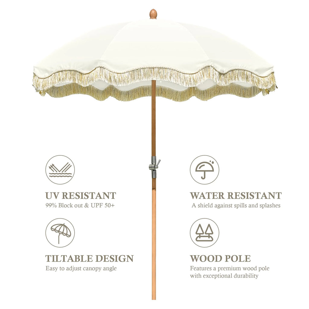 LAGarden 6 Ft Fringe Patio Umbrella with Tassel Jazz Age Wood UPF50+ for Outdoor, Beige with gold tassel,Model: JZ6-01
