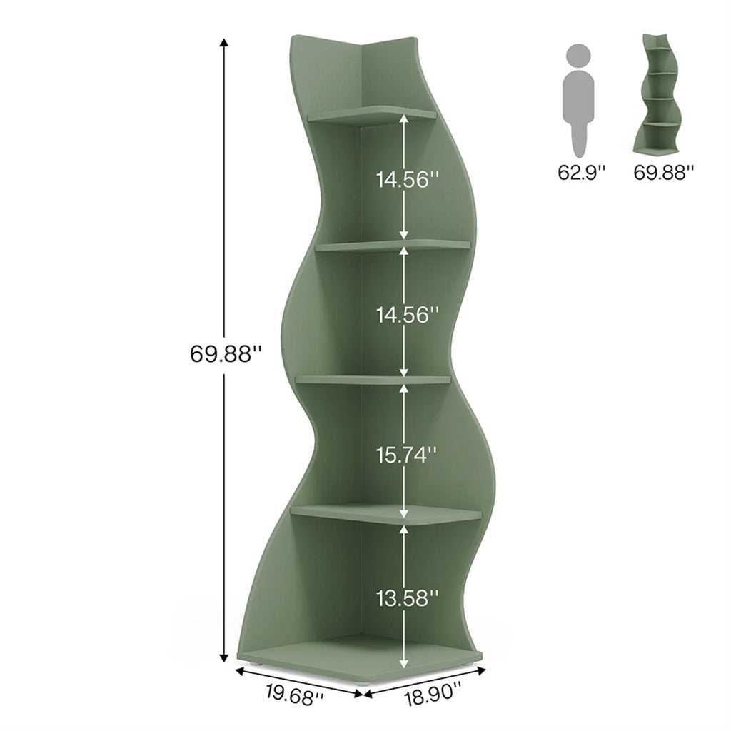 Finihen 5-Tier Corner Bookcase, Wood Bookshelf Storage Organizer, 70" Tall Display Standing Shelf Unit for Bedroom, Living Room, Green