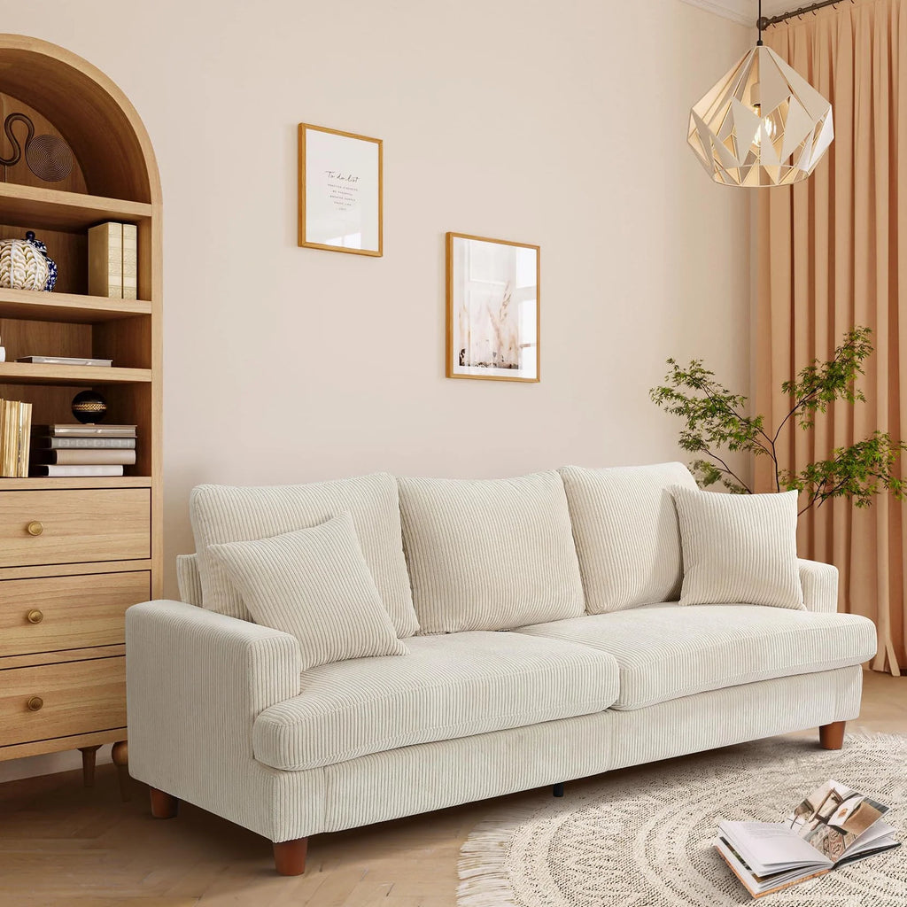87" Corduroy Sofa,3 Seater Sofa with Extra Deep Seats,Neche Comfy Upholstered Couch for Living Room,2 Pillows,Green