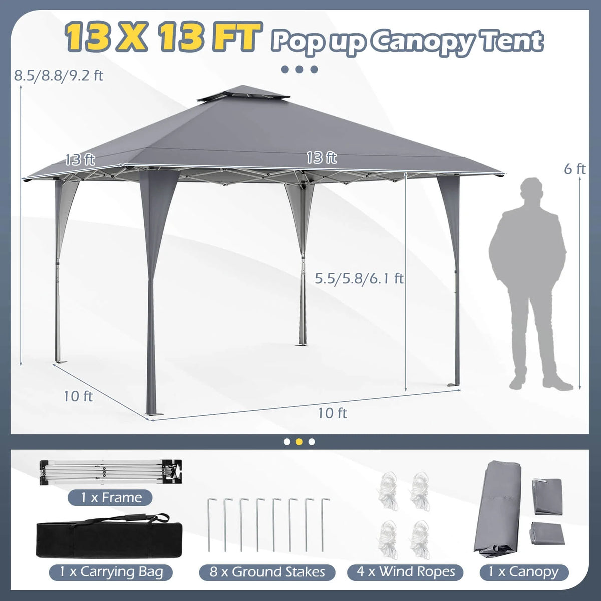 Costway 13 X 13 FT Pop up Gazebo Outdoor Canopy Tent with Portable Carrying Bag 8 Stakes Gray