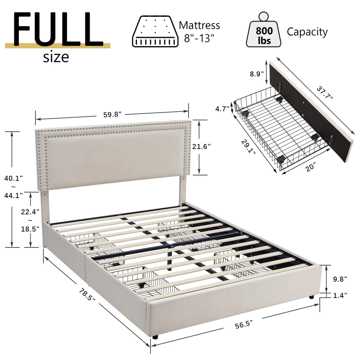 VECELO Full Bed Frame with 4 Storage Drawers (Wheeled) and Tufted Upholstered Adjustable Headboard Platform Bed, Beige