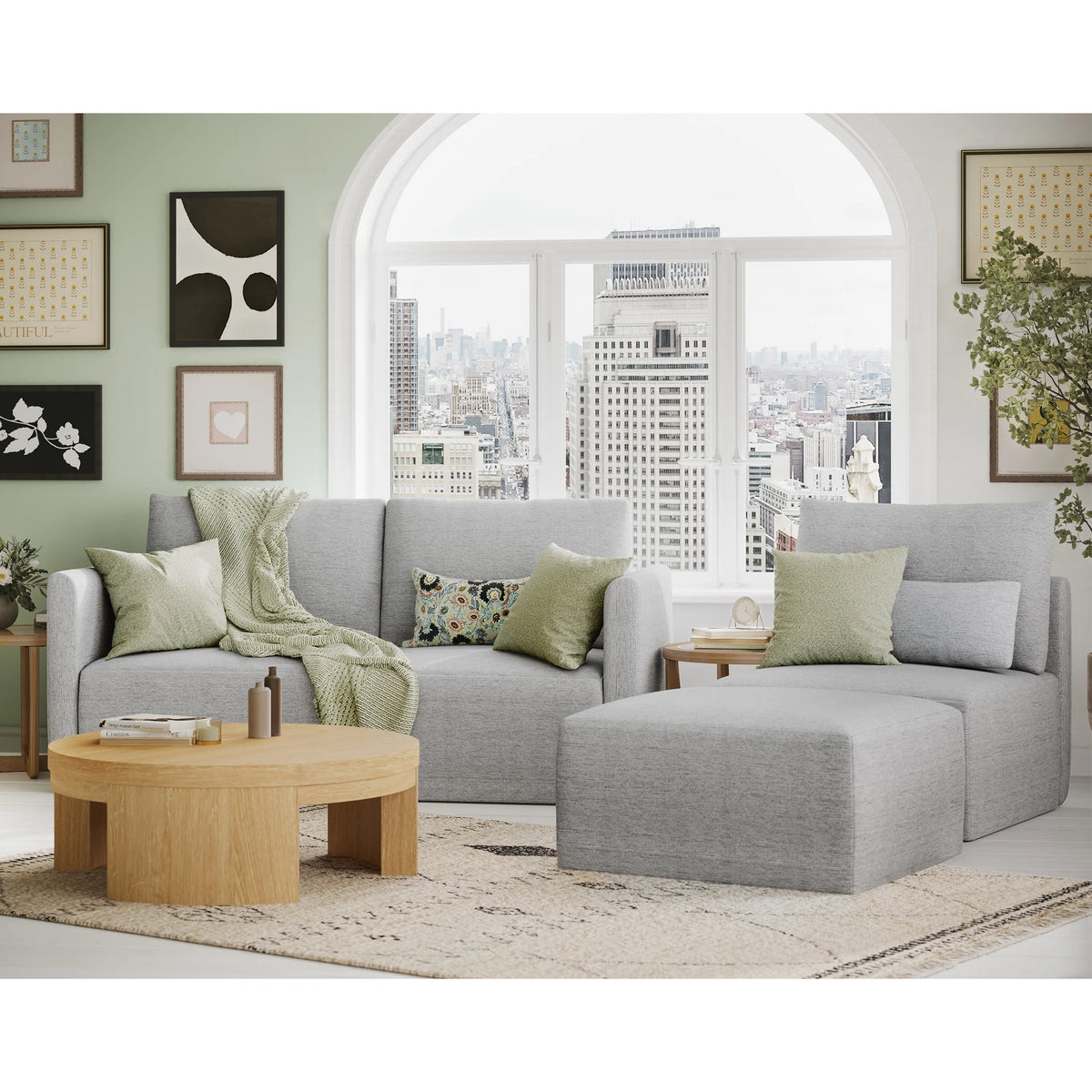 Beautiful Drew Modular Sectional Sofa with Ottoman by Drew Barrymore, Gray Fabric