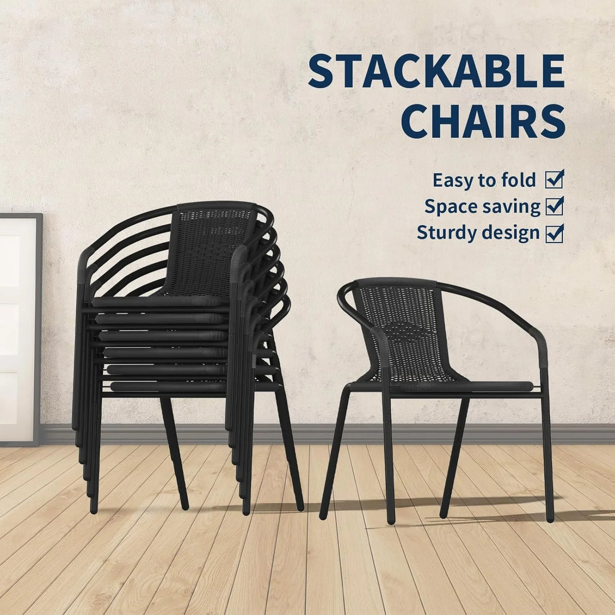 ELPOSUN Outdoor Dining Chairs Set of 6, Wicker Patio Chairs with Metal Frame, Rattan Indoor-Outdoor Chairs for Bistro, Deck, Backyard, Porch, Restaurant Stack Chair 6 Pack (Black)