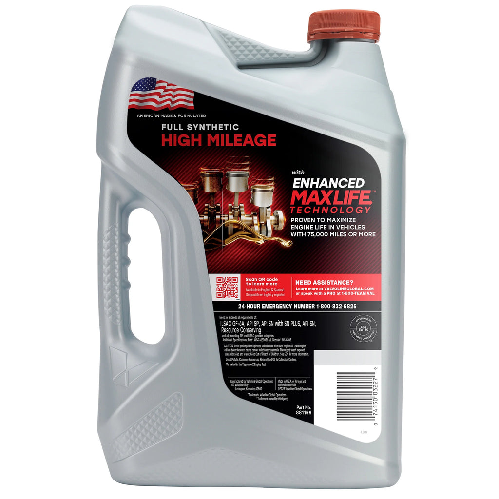 (3 pack) Valvoline Full Synthetic High Mileage with MaxLife Technologyl 5W-30 Motor Oil 5 QT