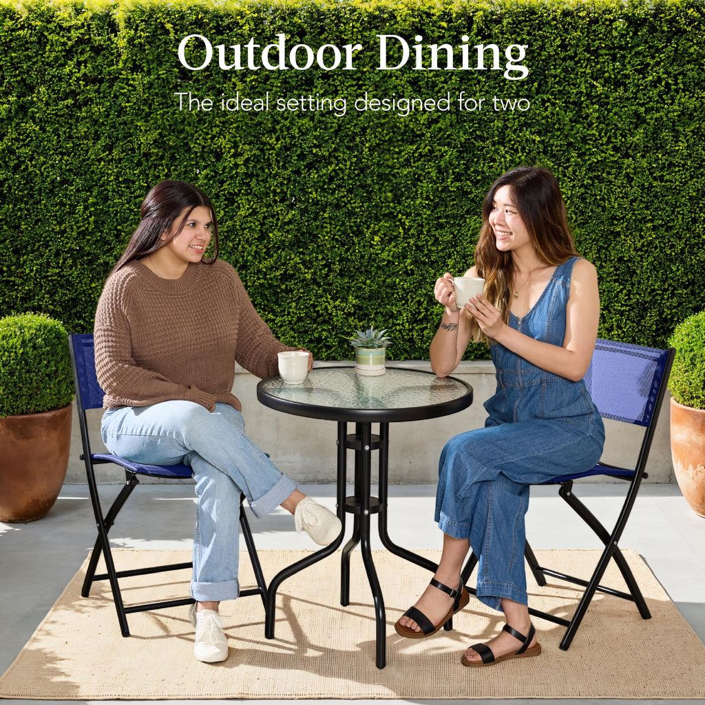 Best Choice Products 3-Piece Patio Bistro Dining Furniture Set w/ Glass Tabletop, Folding Chairs - Gray