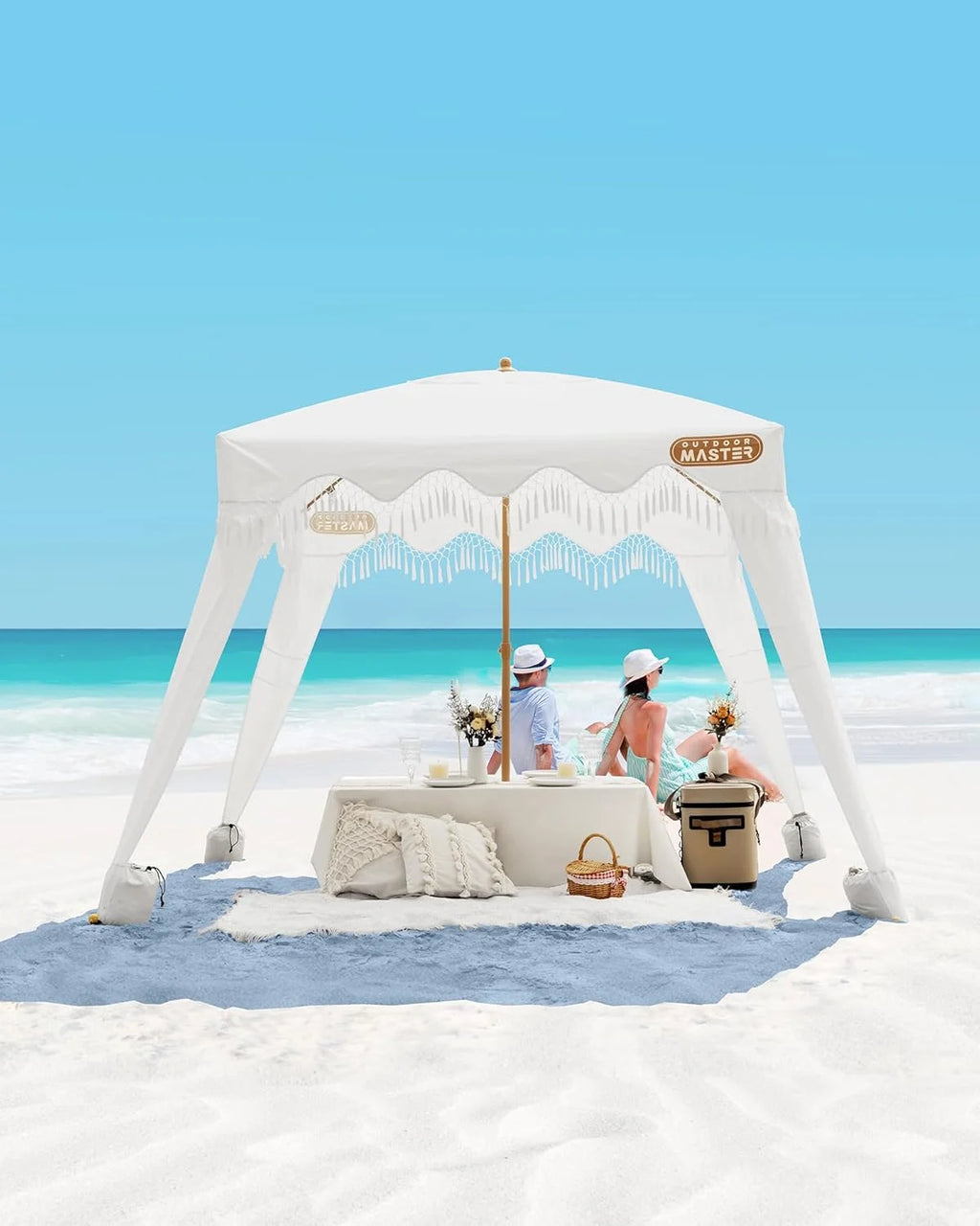 OutdoorMaster Beach Cabana with Fringe, Portable 6' x 6' Beach Canopy, Easy Set Up Beach Shelter, Included Side Wall, UPF 50+ UV Protection Sun Umbrella - for Kids, Family & Friends