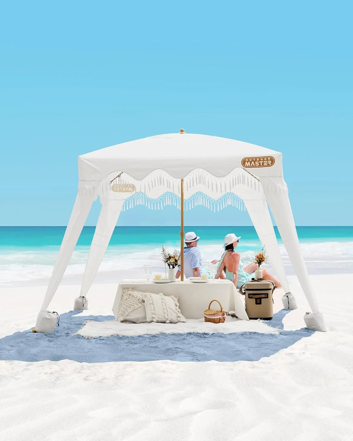 OutdoorMaster Beach Cabana with Fringe, Portable 6' x 6' Beach Canopy, Easy Set Up Beach Shelter, Included Side Wall, UPF 50+ UV Protection Sun Umbrella - for Kids, Family & Friends
