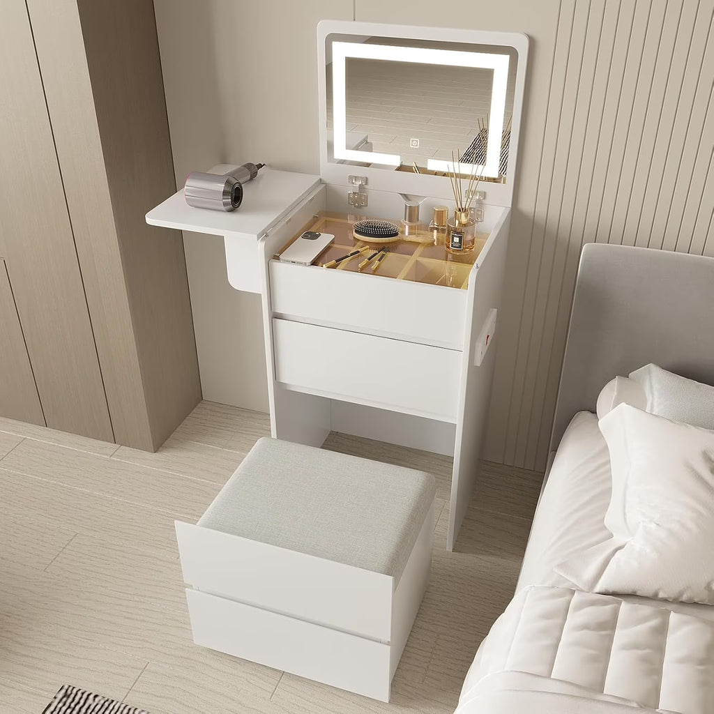 Vanity Desk with Flip Top Lighted Mirror, Compact Makeup Table with Storage Stool, Integrated Vanity with Drawers, 3-in-1 Vanity Set, Small Dressing Desk for Bedroom