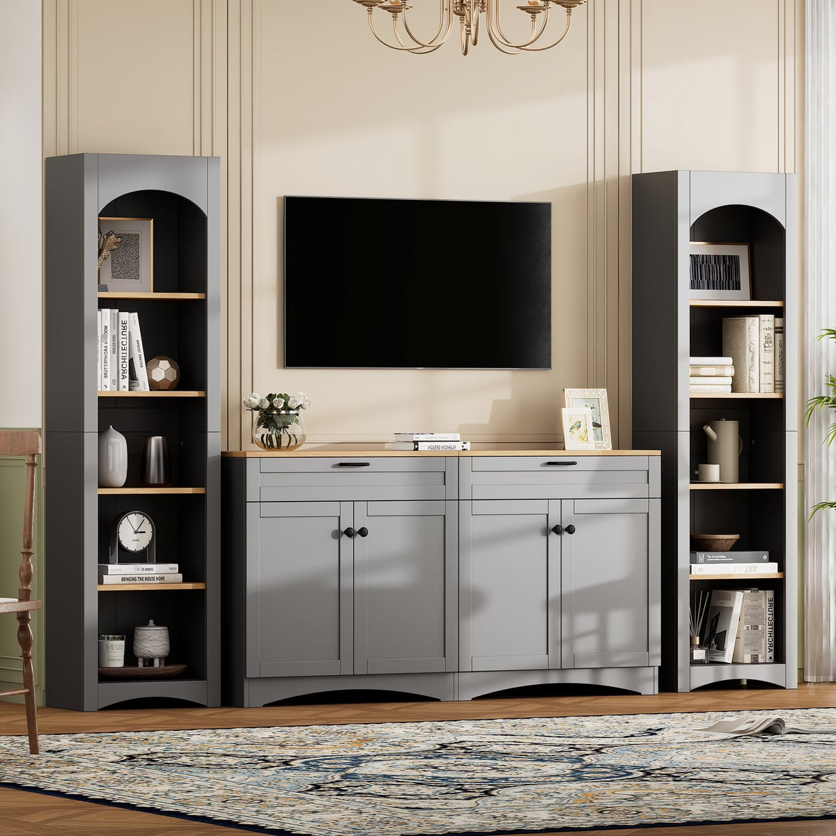 72"h Pantry Pair, 2 , Adjustable Shelves, , Black Finish 2 Bookcase , Cabinet With Vintage Style