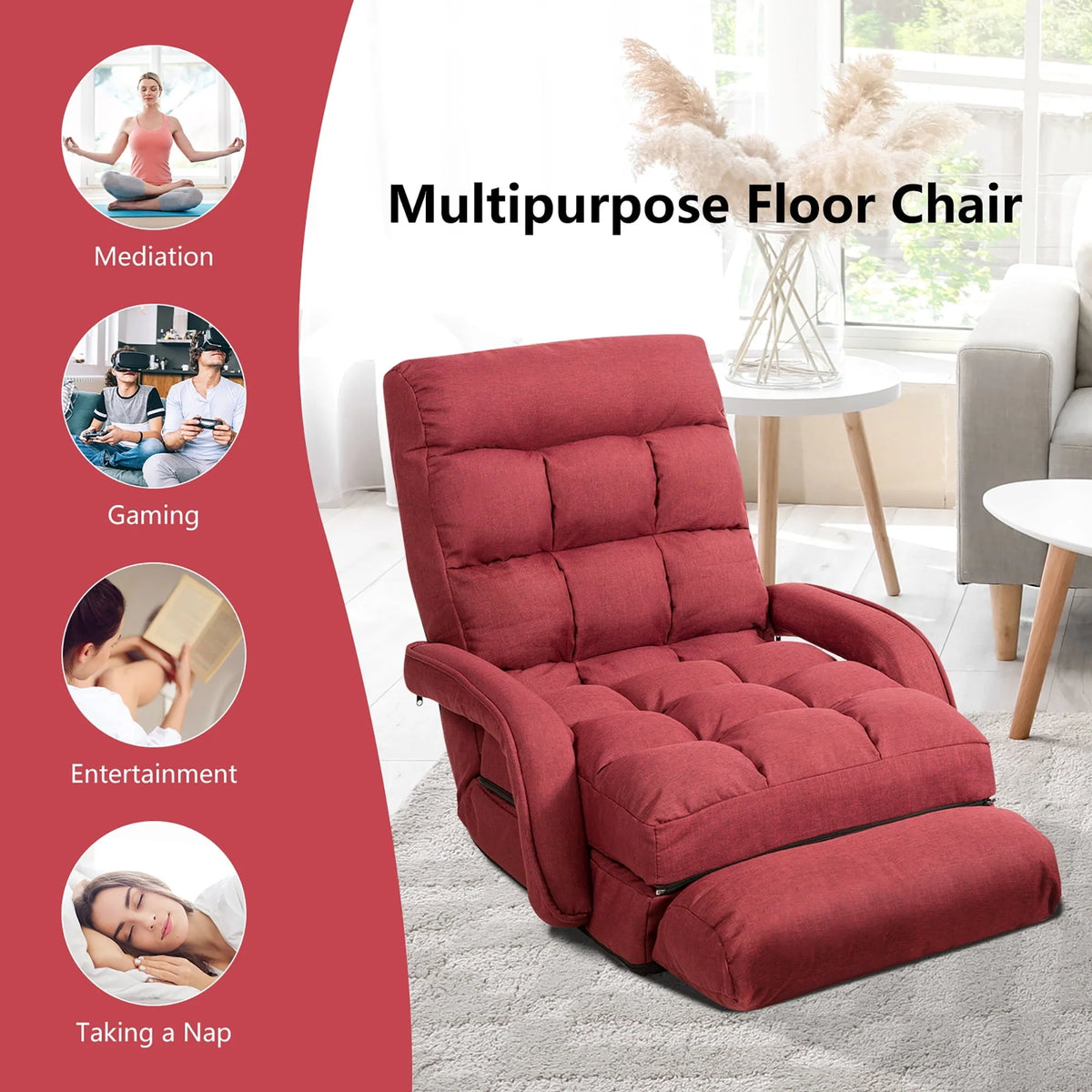 Costway Folding Floor Armchair w/ 6-position Adjustable Back & Lumbar Pillow Red