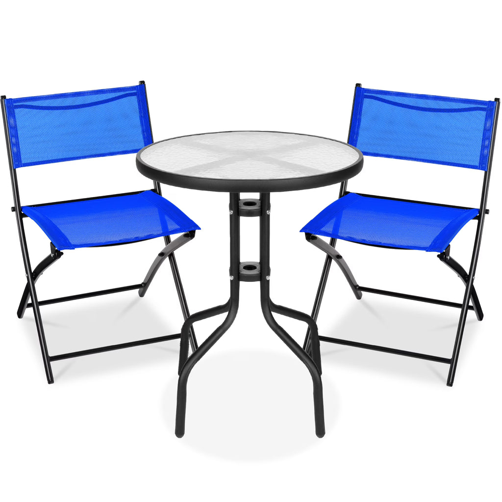 Best Choice Products 3-Piece Patio Bistro Dining Furniture Set w/ Glass Tabletop, Folding Chairs - Gray