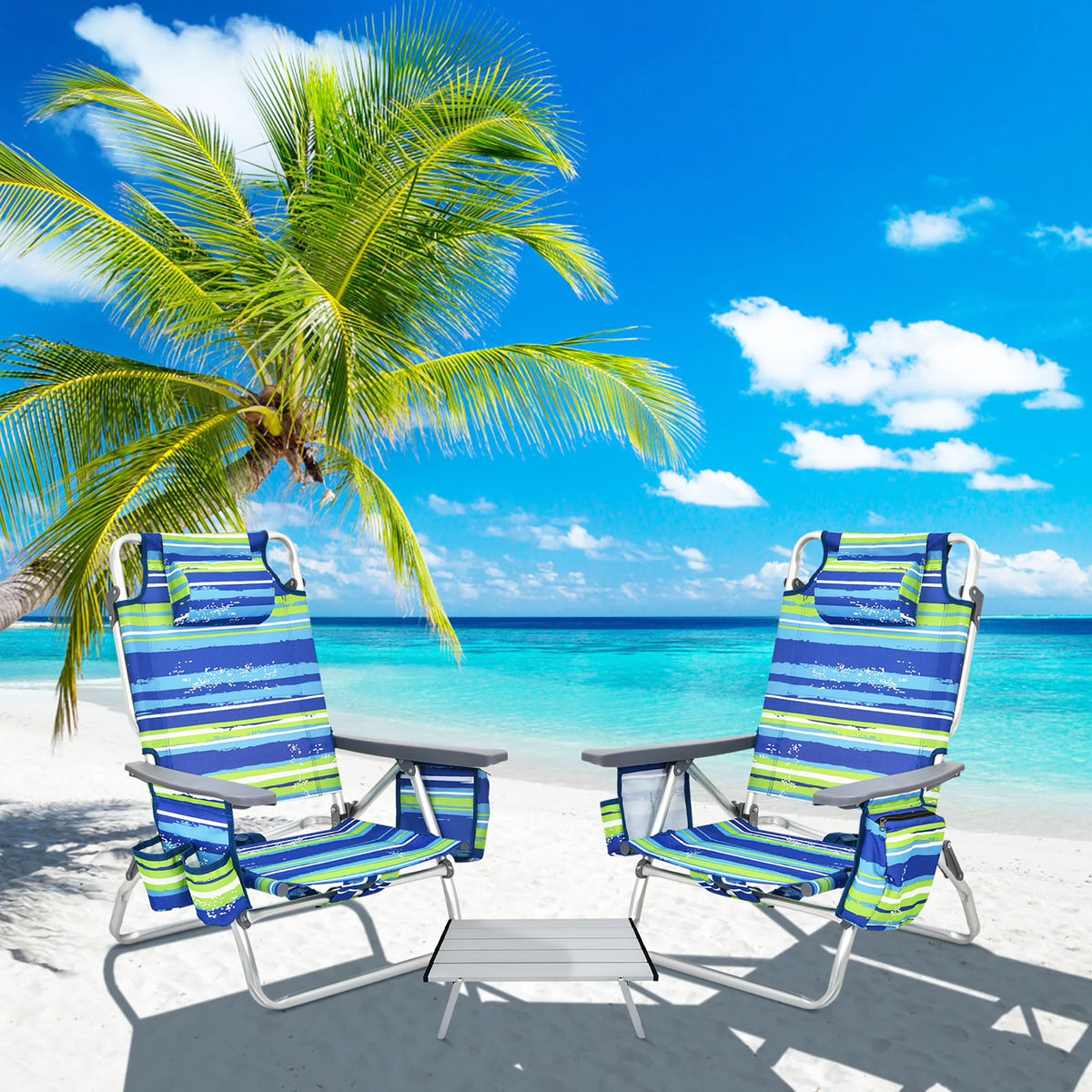 Costway 2-Pack Folding Backpack Beach Chair Table Set 5-Position Outdoor Reclining Chair Pink