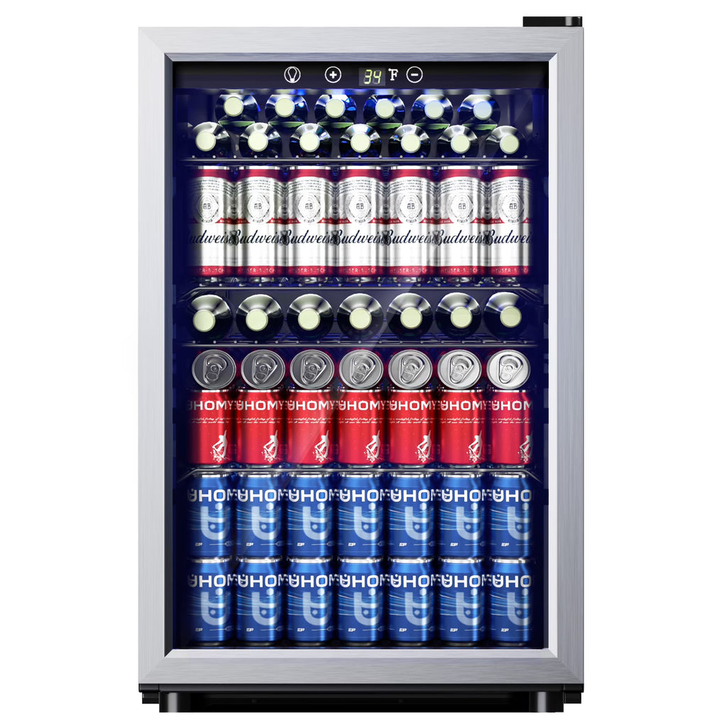 EUHOMY 145 Can Beverage Refrigerator and Mine Cooler with Glass Door with Adjustable Shelves