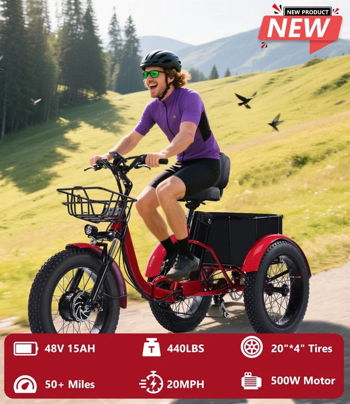 YEBEI Electric Tricycle for Adults Folding E-Trike Motorized Tricycle Electric 3 Wheels Trike Powerful 500W Motor Electric Tricycle 48V15AH Lithium Battery Max 20MPH 20*4.0�� Fat Tire Orange