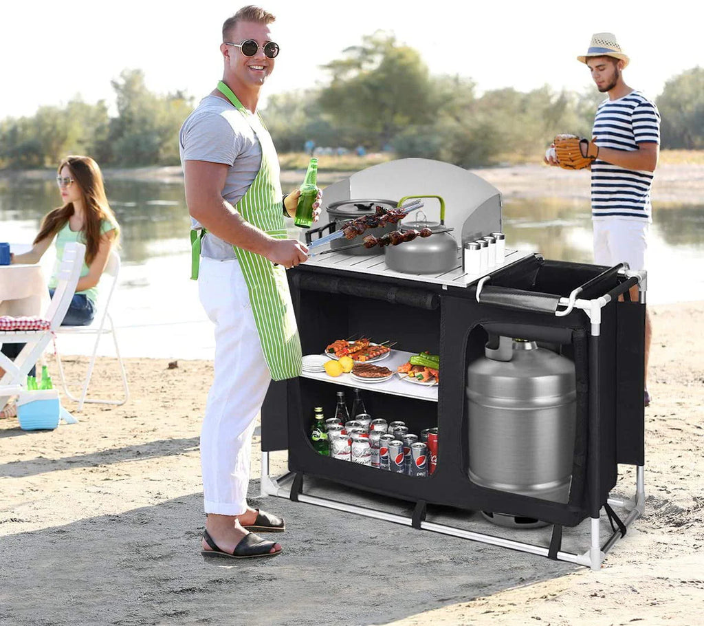 Camping Kitchen Table, Camping Grill Table w/Windscreen & Storage Organizer, Outdoor Kitchen Cook Station with Basin for BBQ, Party, Picnics, Backyards, BBQ Table
