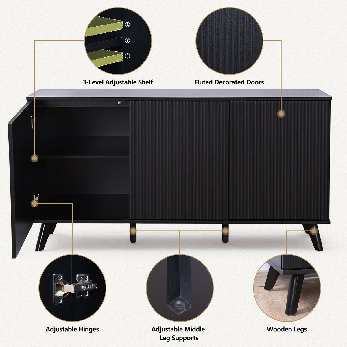 Wirrytor Sideboard Storage Cabinet with Doors and Shelves, Buffet Cabinet with Storage, Credenza Storage Cabinet for Kitchen, Wooden Fluted Cabinet, Under TV Cabinet with Storage - Black
