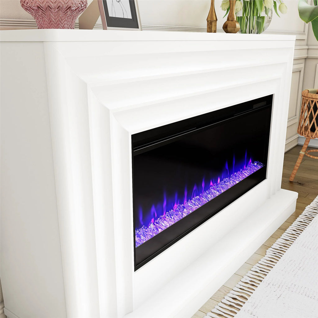 CosmoLiving by Cosmopolitan Rene Electric Fireplace Mantel 65" TV Stand with Multi-Color Flame and Crystal Ember Bed, Black
