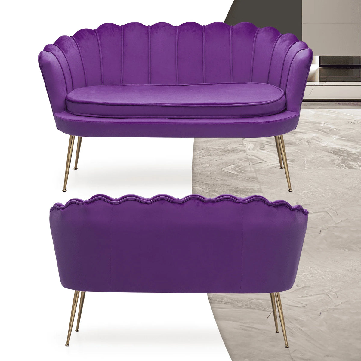 MoNiBloom Contemporary Velvet Loveseat Chair with Gold-Finished Metal Legs, 2-Seater Sofa with Two Pillows for Living Room, Bedroom, Home Office, Purple