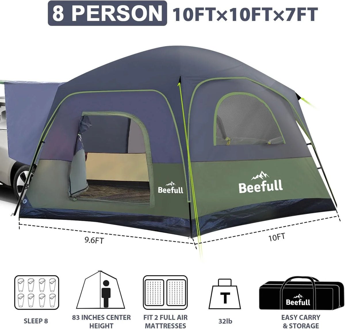 SUV Camping Tent for 6-8 Person with Rainfly,  Car Camping Tent with Waterproof, Double Layer Design with Storage Bag, Green & Gray