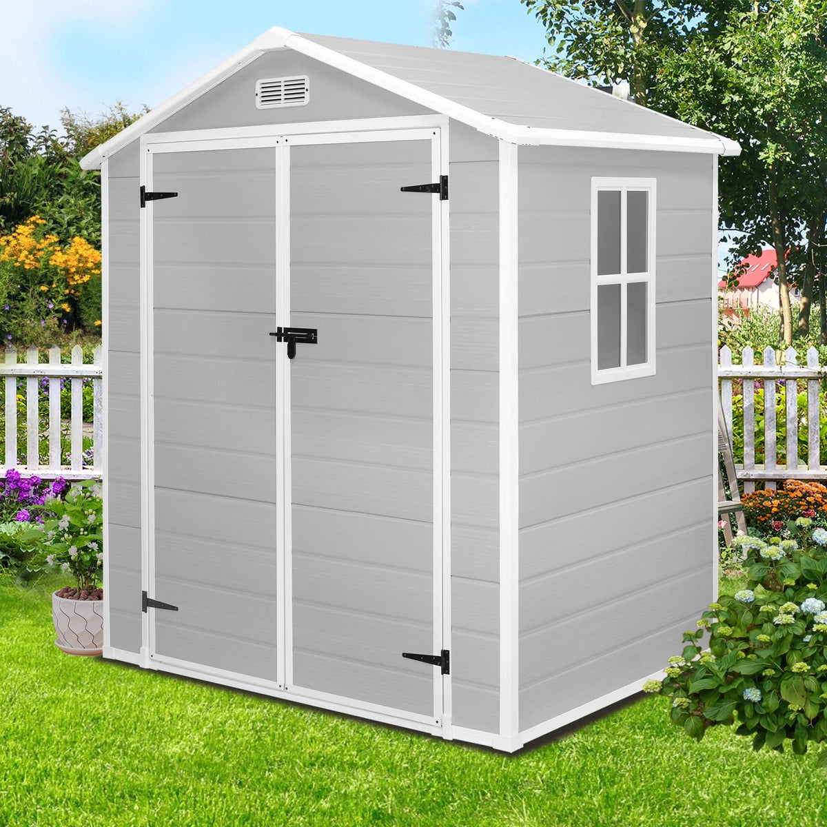 Outdoor Shed & Storage, Seizeen All-Weather Plastic Sheds 82'' H, Sloped Top Garden Shed with Window, Heavy-Duty Resin Outdoor Storage W/Floor, Gray