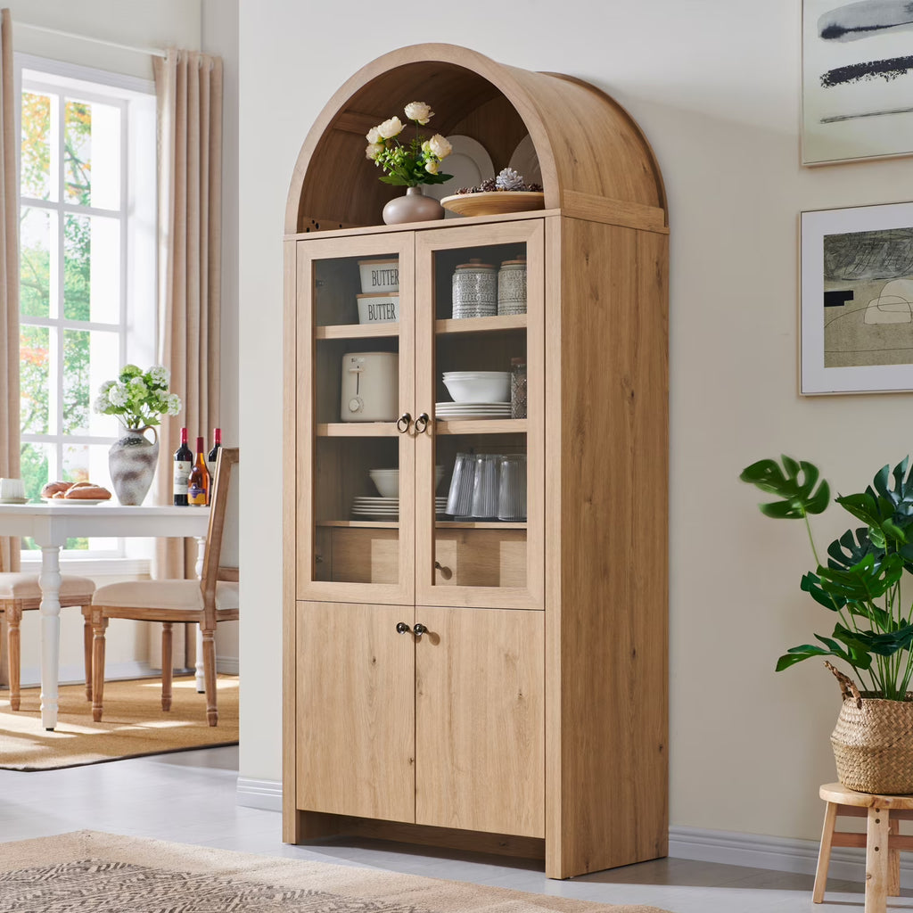 SinCiDo Arched Kitchen Pantry Storage Cabinet, 71-Inch Tall Wood Adjustable Shelves, 2 Doors, 2 Drawers