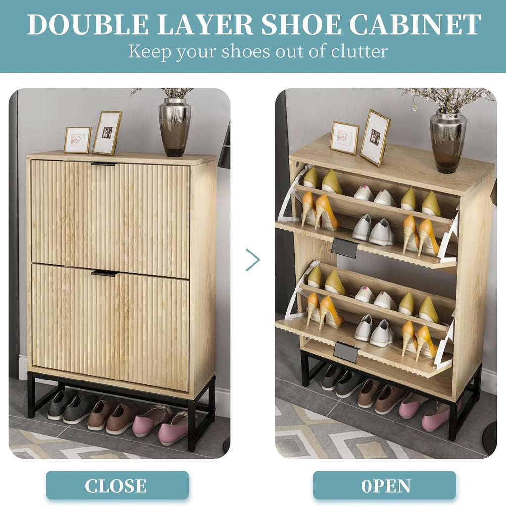 Oubayajia Modern Shoe Storage Cabinet, Wood Shoe Rack Organizer with 2 Flip Drawers, Freestanding Narrow Shoe Cabinet for Entryway Hallway, Natural